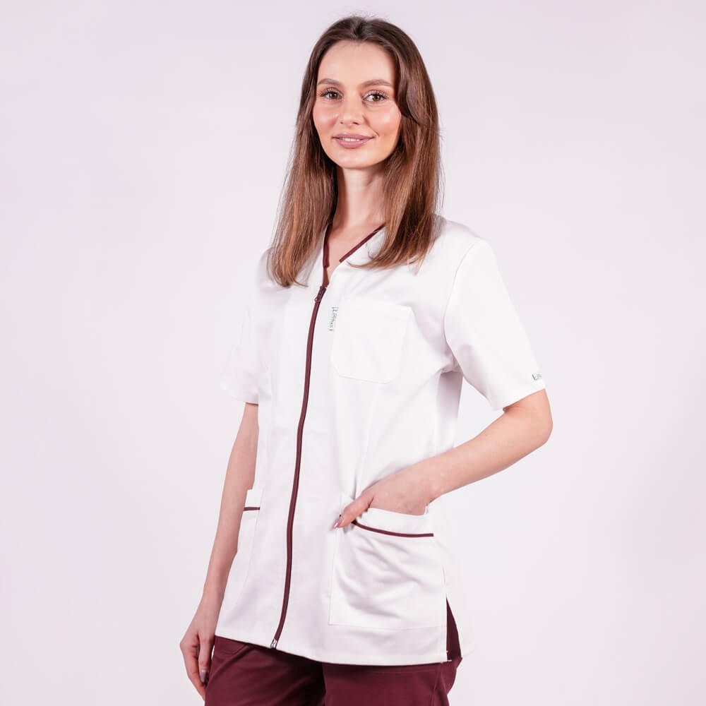 Costum Lotus 2, bluza cu fermoar si paspol, pantaloni cu elastic si manseta, alb/visiniu