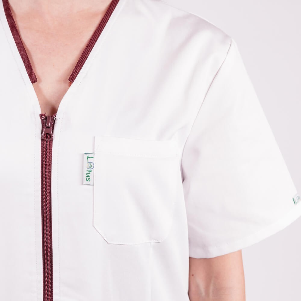 Costum Lotus 2, bluza cu fermoar si paspol, pantaloni cu elastic si manseta, alb/visiniu