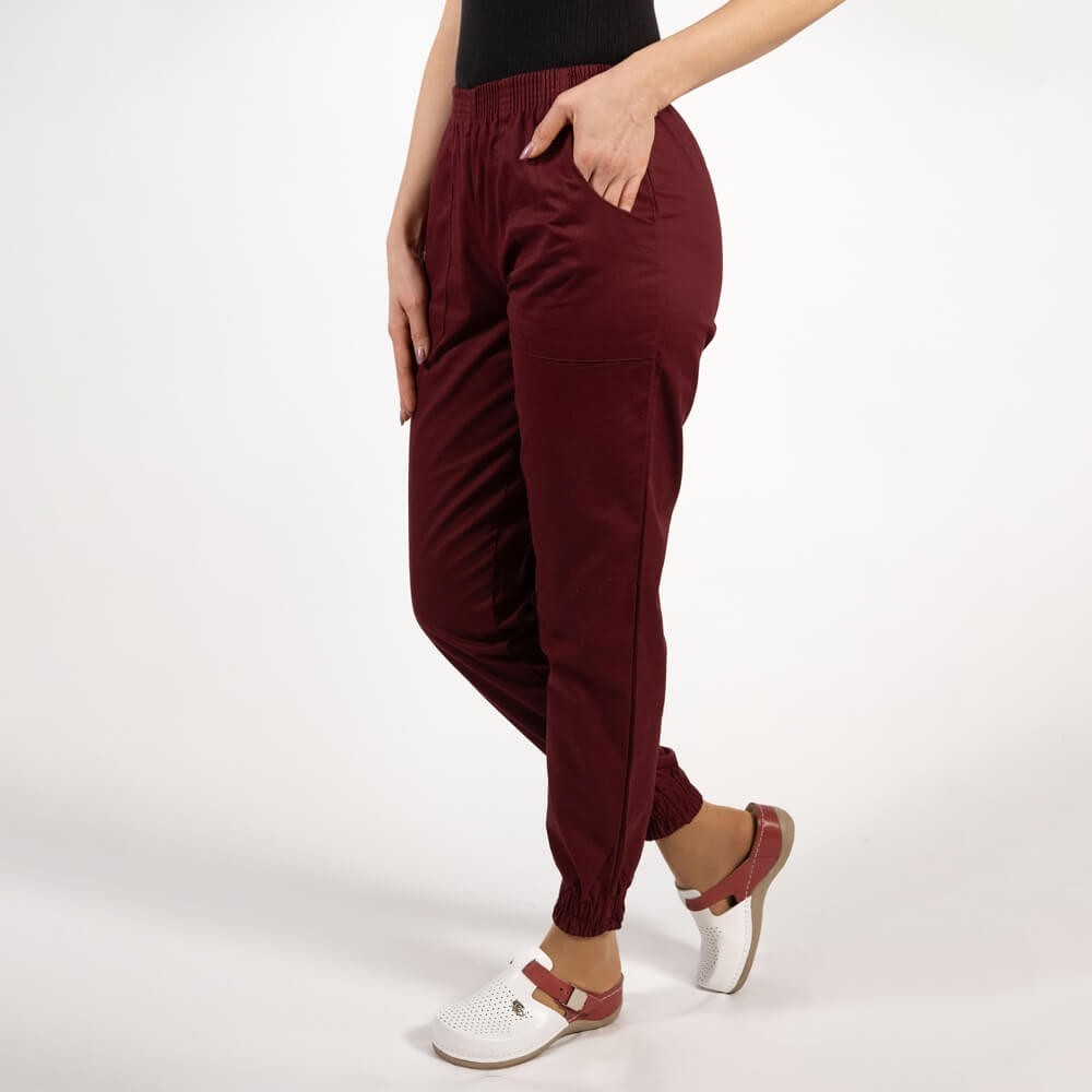 Costum Lotus 2, bluza cu fermoar si paspol, pantaloni cu elastic si manseta, alb/visiniu