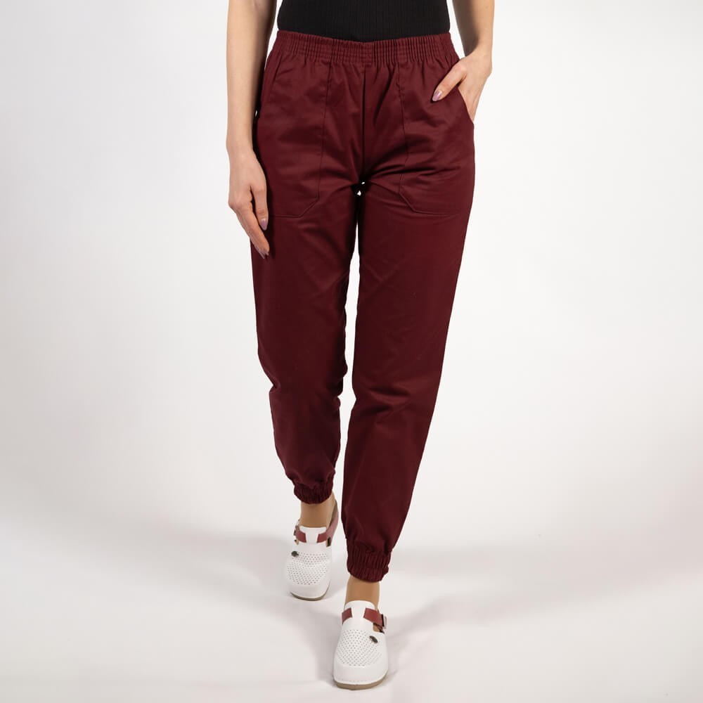 Costum Lotus 2, bluza cu fermoar si paspol, pantaloni cu elastic si manseta, alb/visiniu