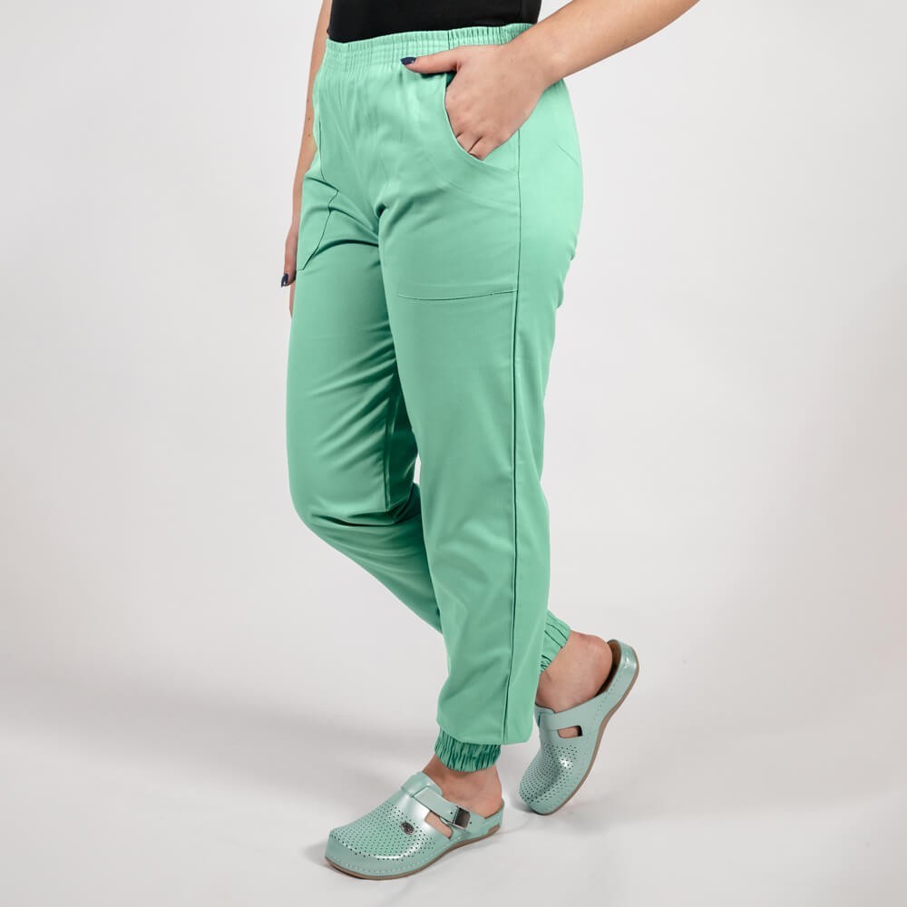 Costum Lotus 2, bluza asimetrica cu capse, pantaloni cu elastic in talie si manseta, verde menta