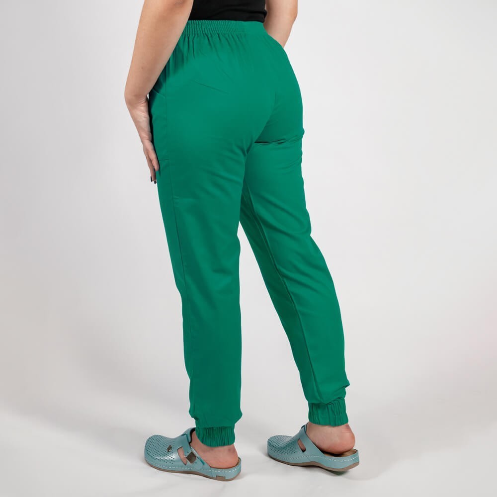 Costum Lotus 2, bluza asimetrica cu capse, pantaloni cu elastic in talie si manseta, verde hunter Costum Lotus 2, bluza asimetrica cu capse, pantaloni cu elastic in talie si manseta, verde hunter