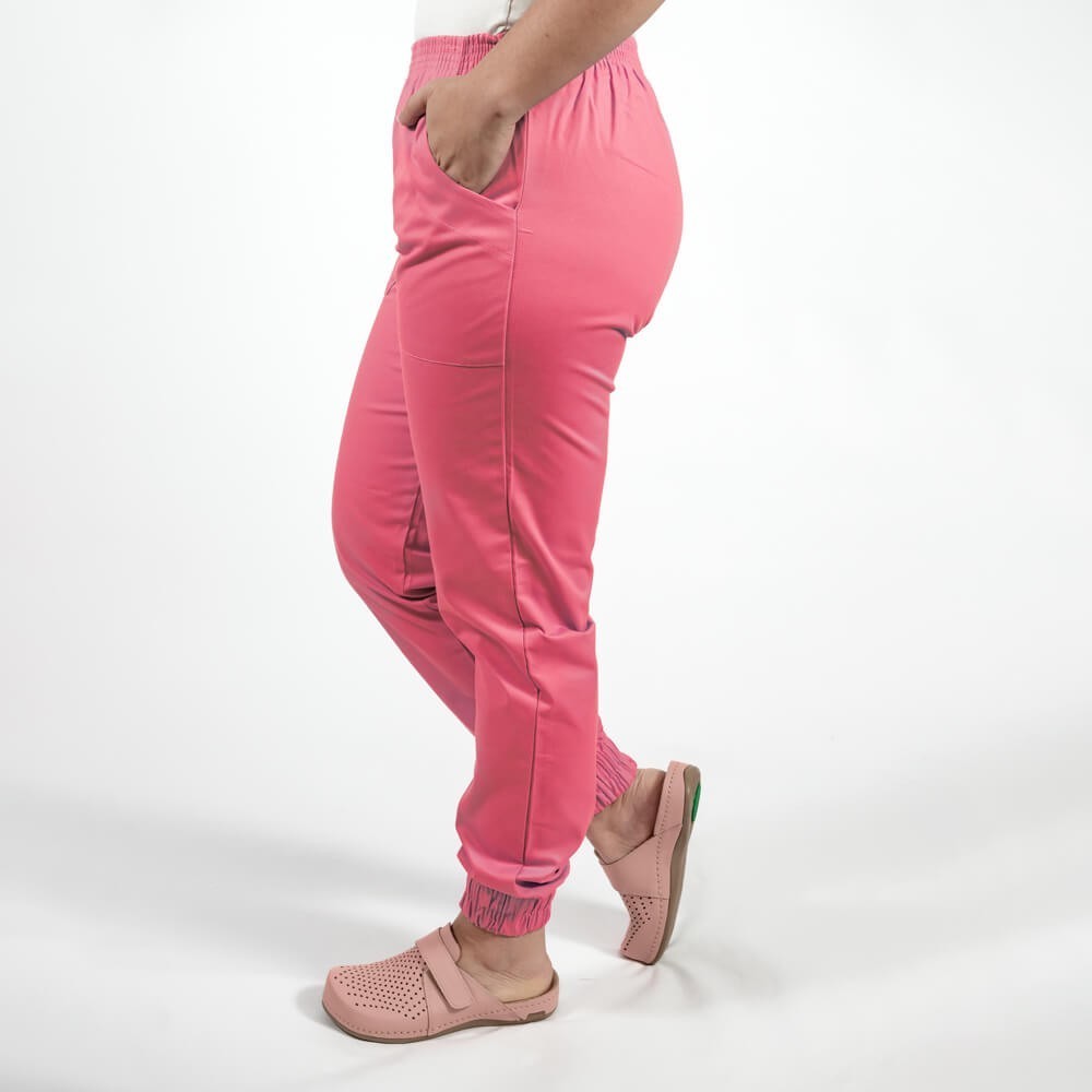 Costum Lotus 2, bluza asimetrica cu capse, pantaloni cu elastic in talie si manseta, roz prafuit