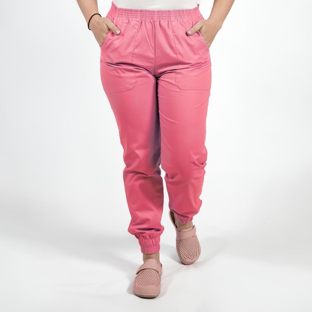 Costum Lotus 2, bluza asimetrica cu capse, pantaloni cu elastic in talie si manseta, roz prafuit