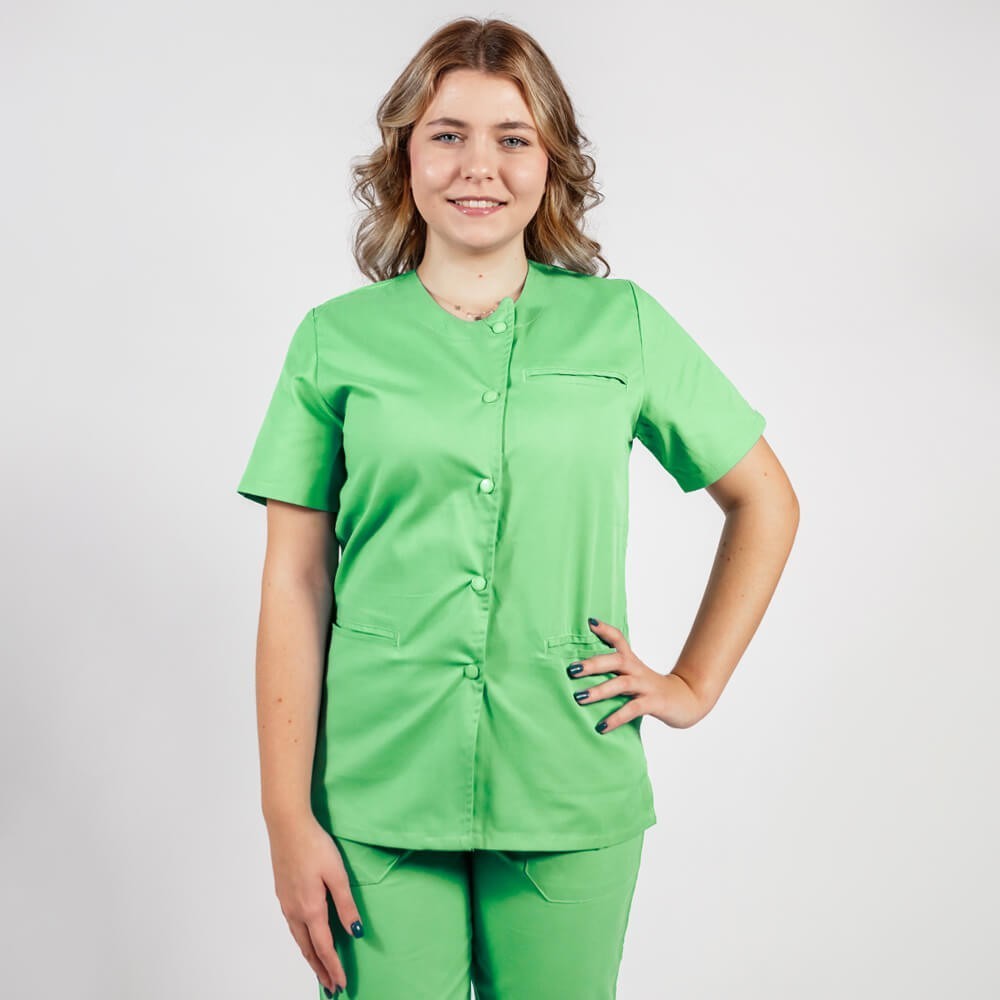 Costum Lotus 2, bluza asimetrica cu capse, pantaloni cu elastic in talie si manseta, verde island Costum Lotus 2, bluza asimetrica cu capse, pantaloni cu elastic in talie si manseta, verde island