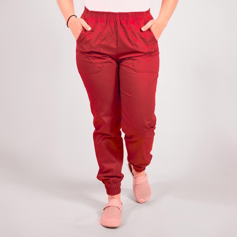 Costum Lotus 2, bluza asimetrica cu capse, pantaloni cu elastic in talie si manseta, rosu