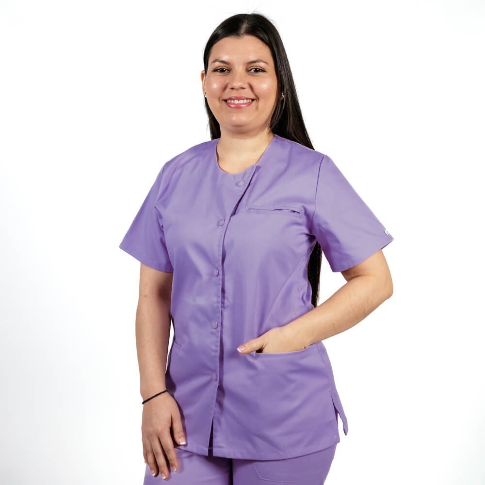 Costum Lotus 2, bluza asimetrica cu capse, pantaloni cu elastic in talie si manseta, mov