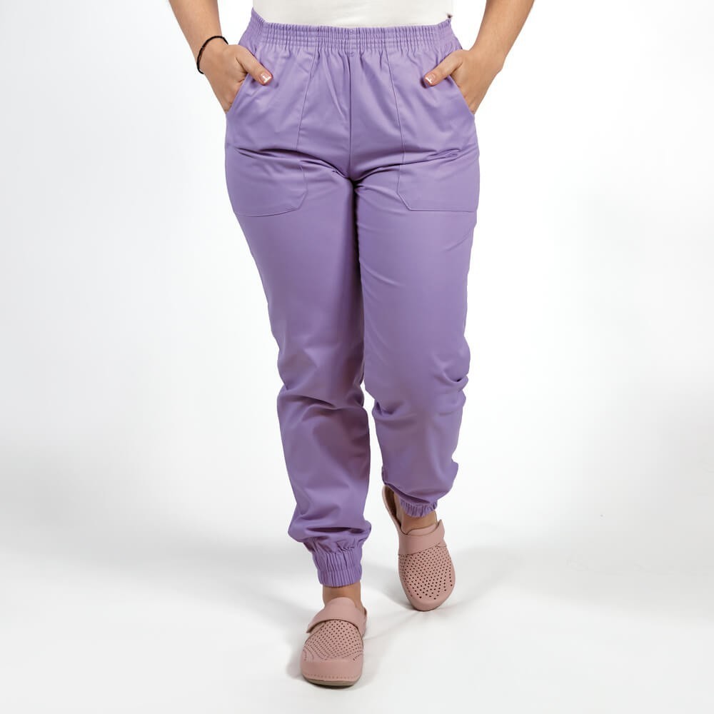 Costum Lotus 2, bluza asimetrica cu capse, pantaloni cu elastic in talie si manseta, mov