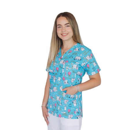 Bluza medicala imprimata, bumbac si elastan, guler in V, Twice a day