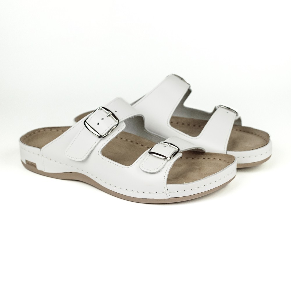 Saboti medicali de vara, din piele, pentru barbati LEON 702M, alb