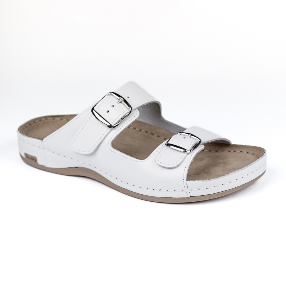 Saboti medicali de vara, din piele, pentru barbati LEON 702M, alb