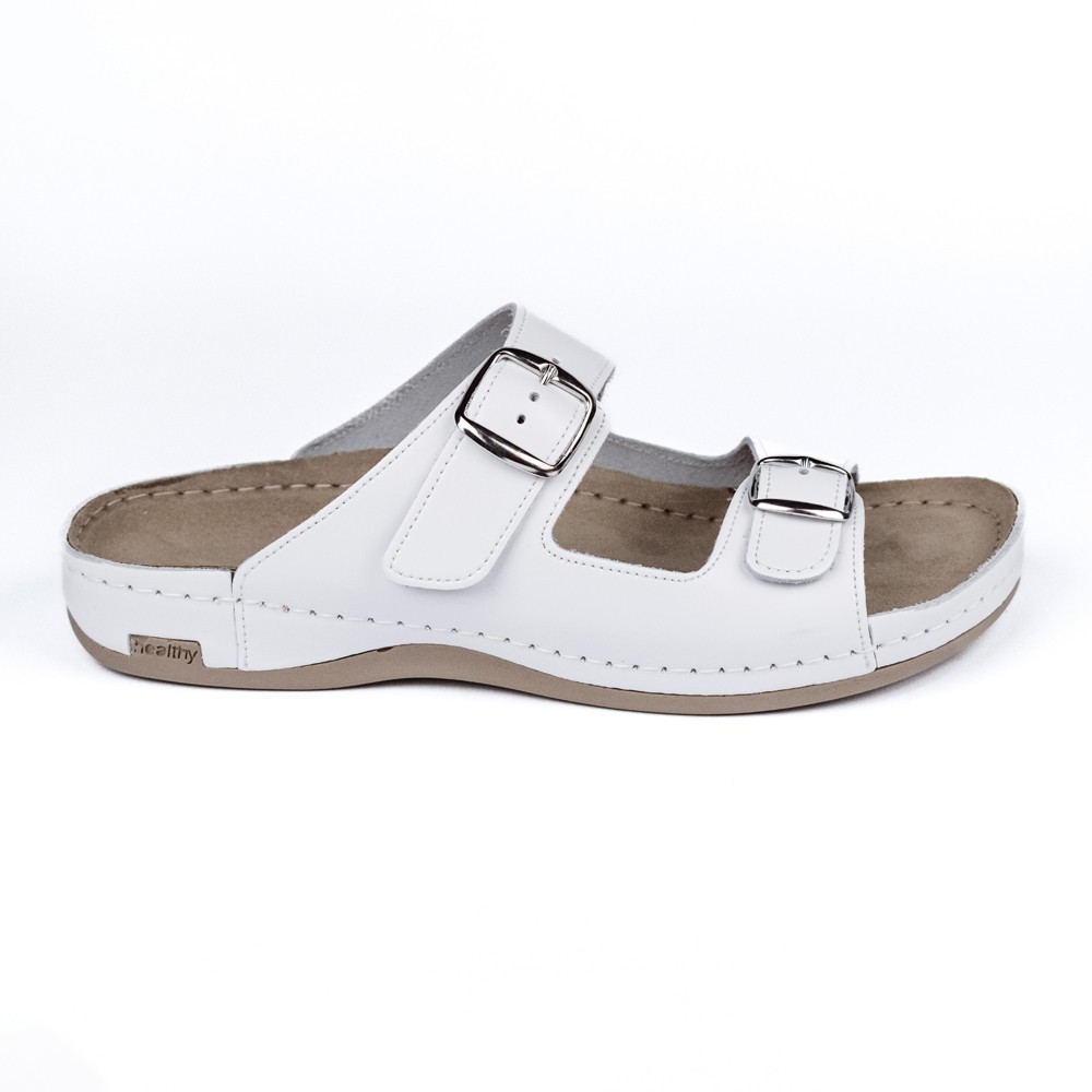 Saboti medicali de vara, din piele, pentru barbati LEON 702M, alb