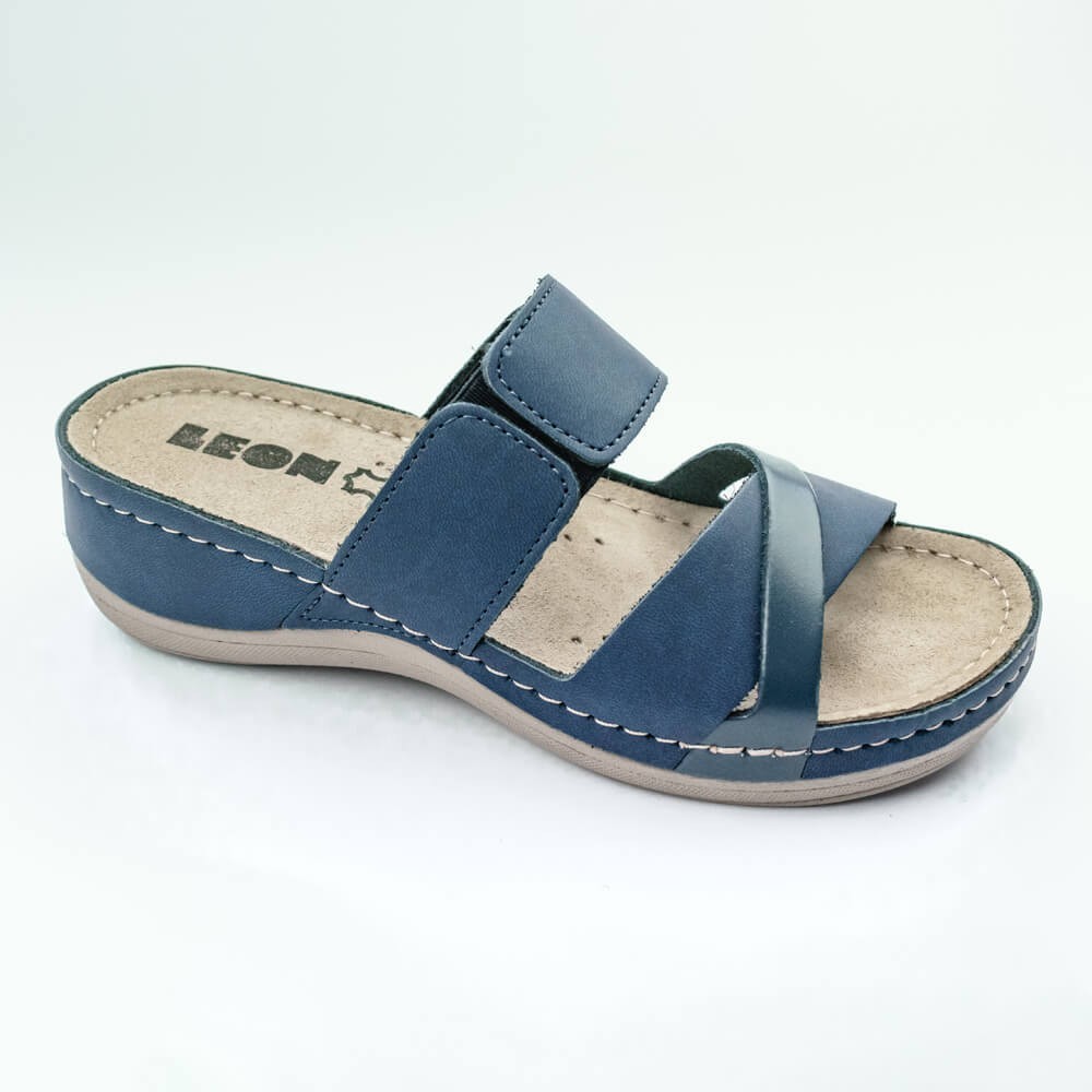 Saboti dama, de vara, din piele, Leon 909, albastru Orlando