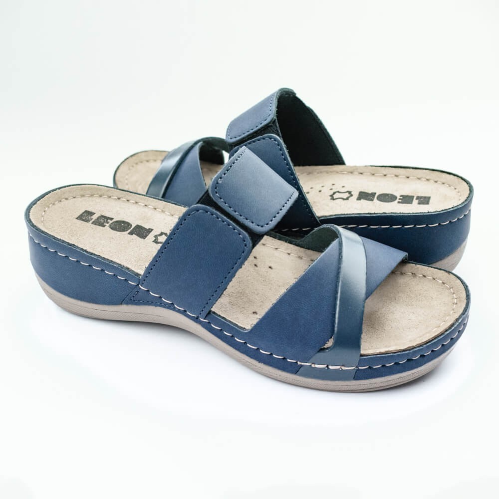 Saboti dama, de vara, din piele, Leon 909, albastru Orlando