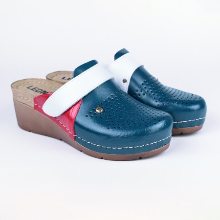 Saboti medicali, de dama, din piele, Leon 1001, bleumarin/alb/rosu