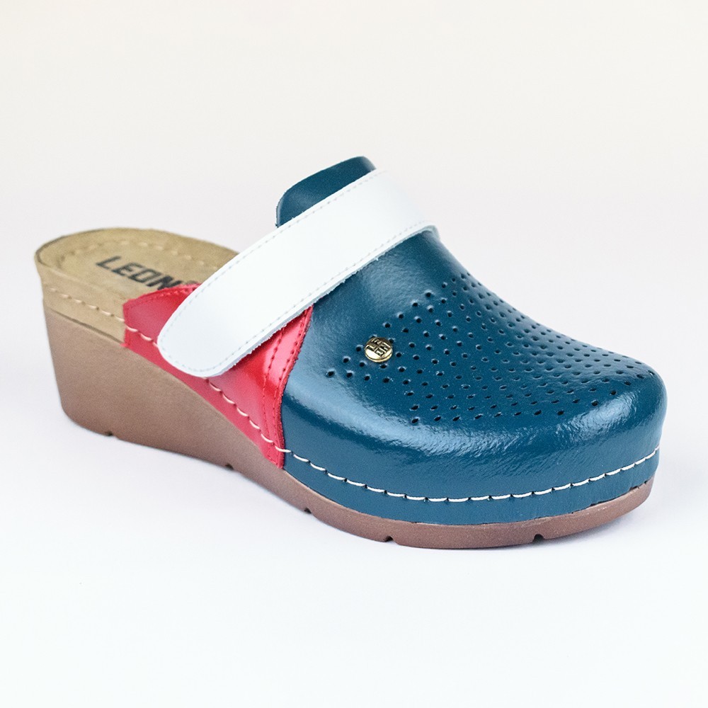 Saboti medicali, de dama, din piele, Leon 1001, bleumarin/alb/rosu