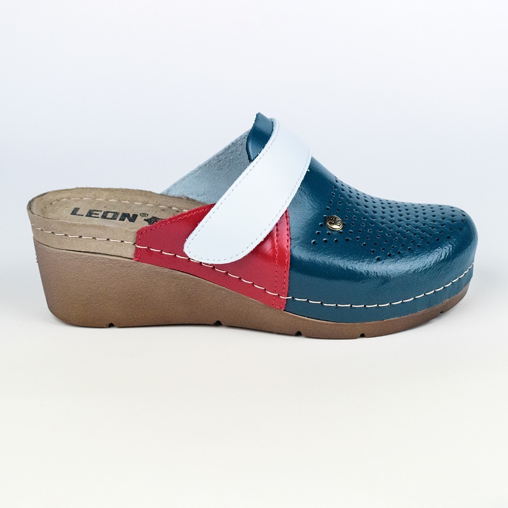 Saboti medicali, de dama, din piele, Leon 1001, bleumarin/alb/rosu