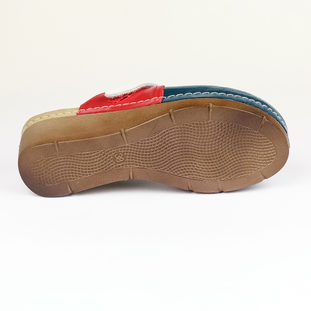 Saboti medicali, de dama, din piele, Leon 1001, bleumarin/alb/rosu