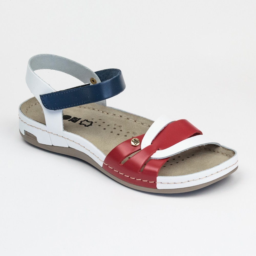 Sandale Leon 961, de vara, din piele, bleumarin/alb/rosu