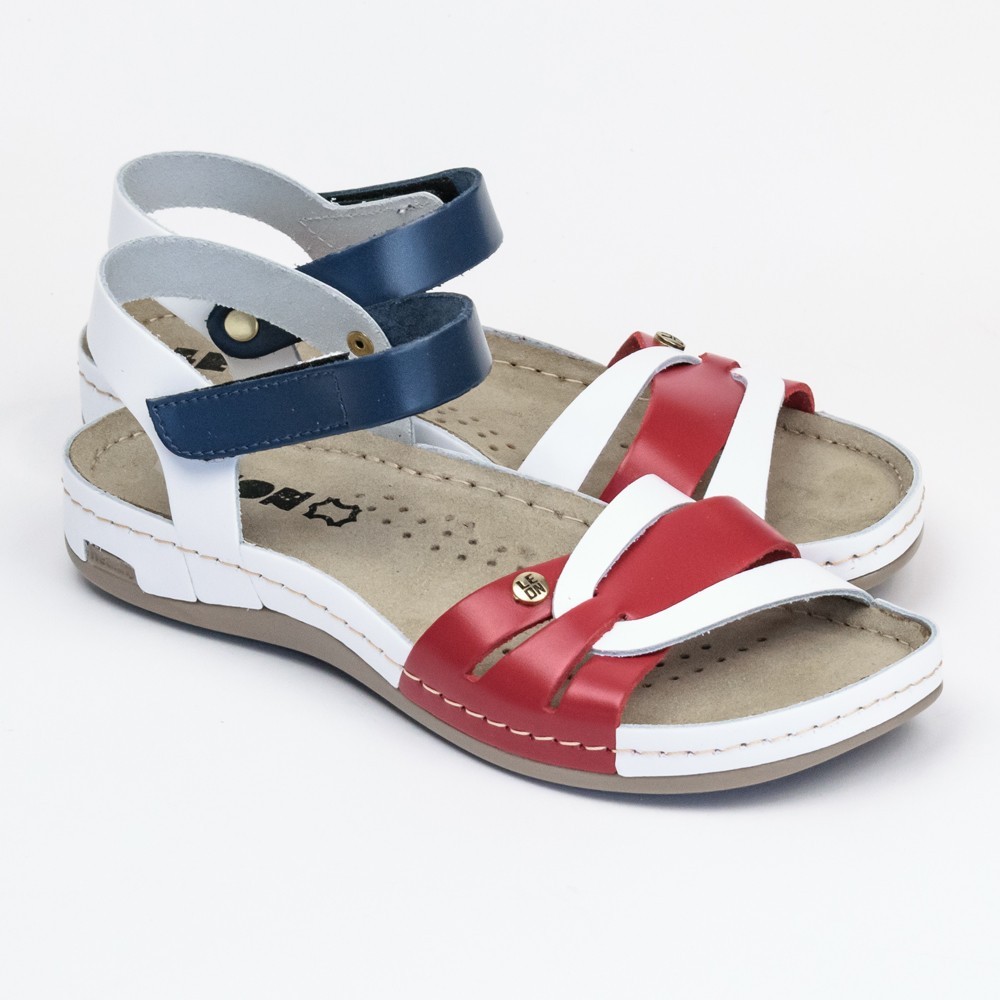 Sandale Leon 961, de vara, din piele, bleumarin/alb/rosu