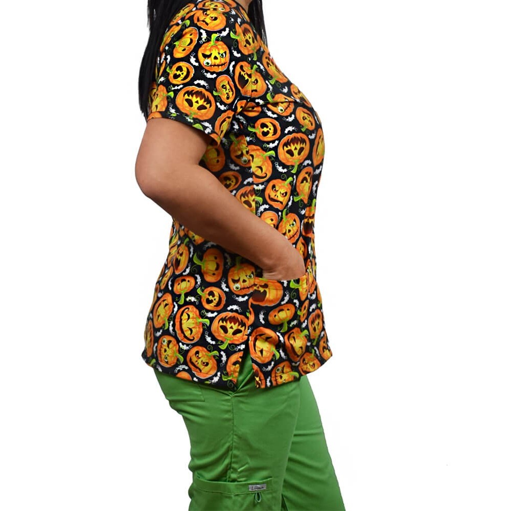 Bluza medicala imprimata, editie speciala de Halloween, Lotus, Freaky Pumpkin
