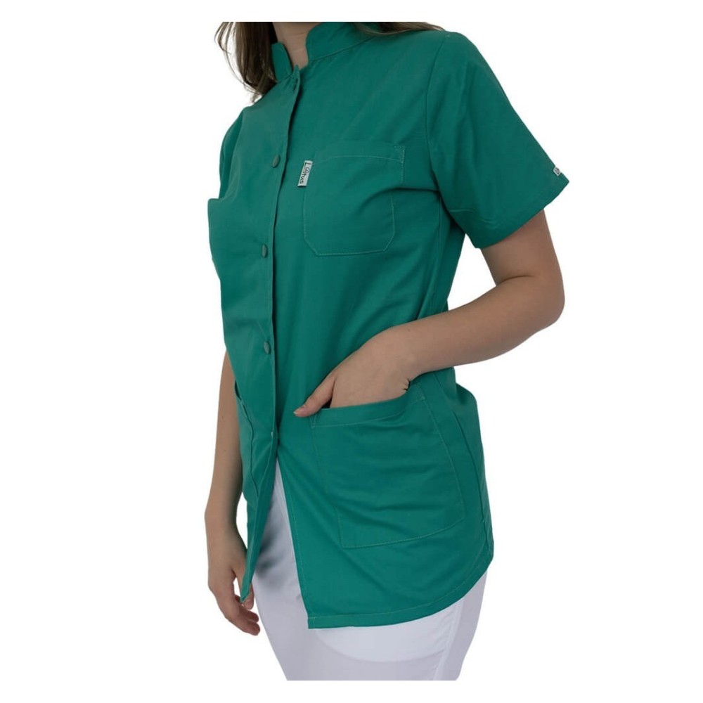 Bluza femei cu guler tunica, maneca scurta, Lotus 2, verde chirurgical