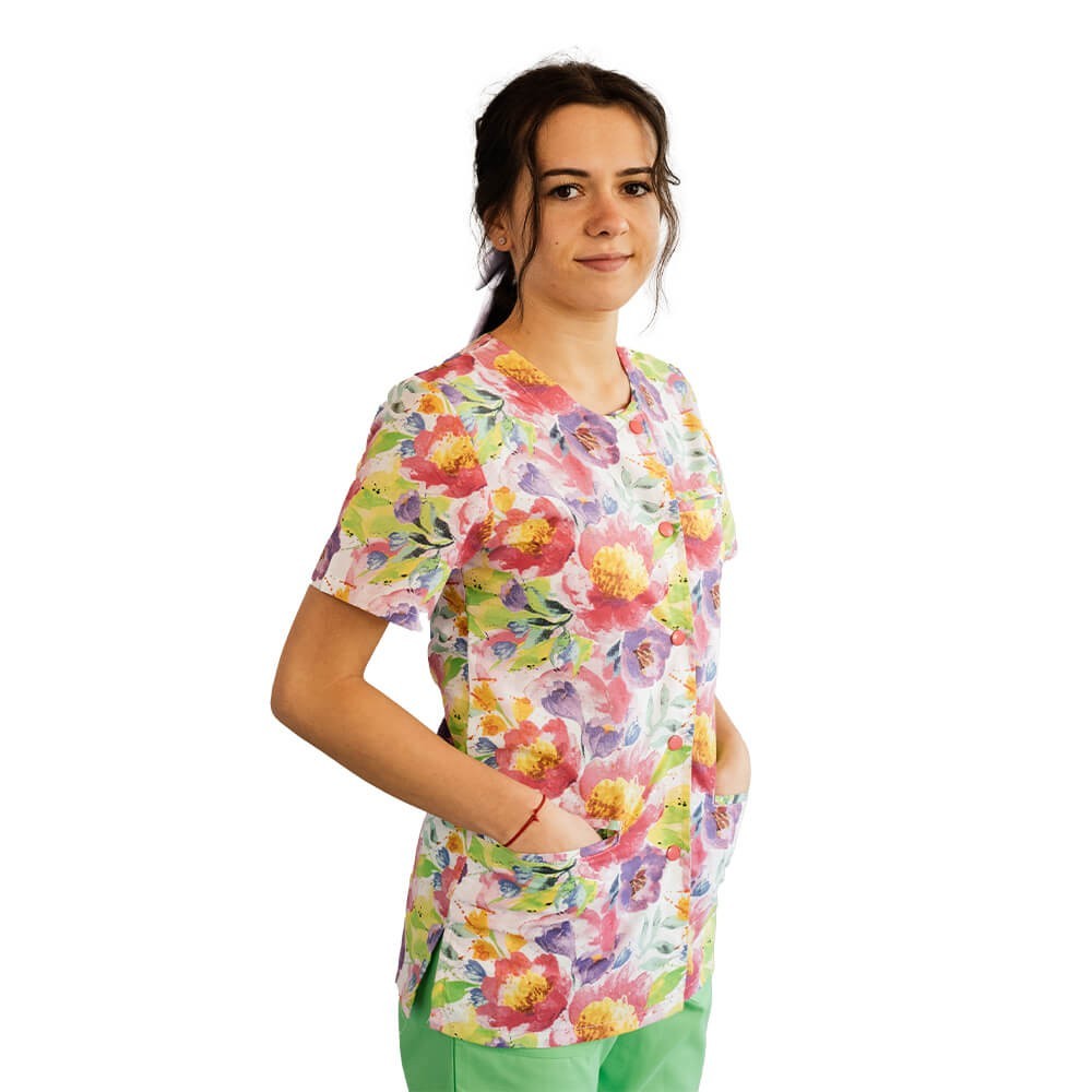 Bluza imprimata asimetrica, cu capse, Lotus 1, Pastel