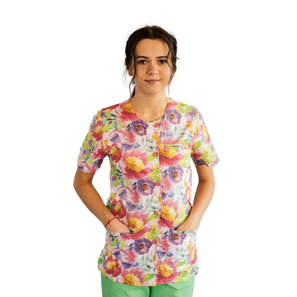Bluza imprimata asimetrica, cu capse, Lotus 1, Pastel