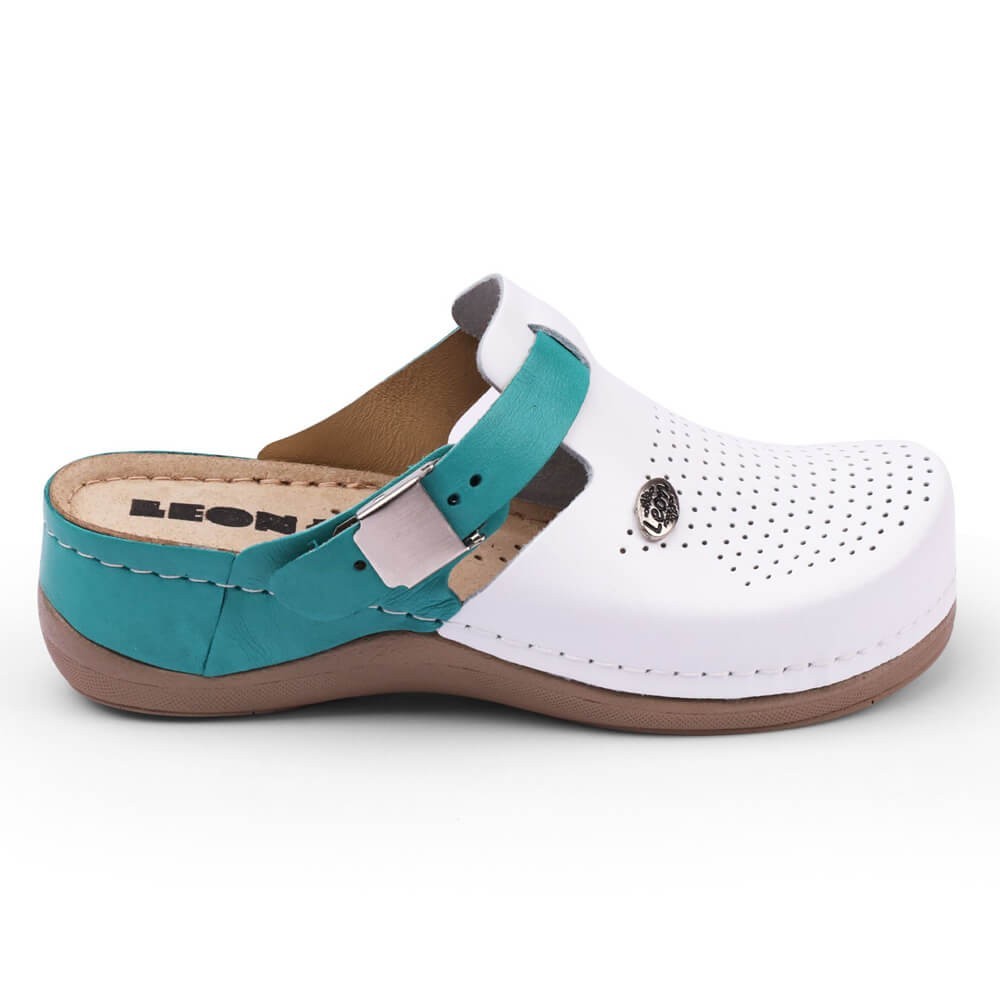 Saboti dama, din piele, Leon 901, alb/turcoaz Saboti dama, din piele, Leon 901, alb/turcoaz