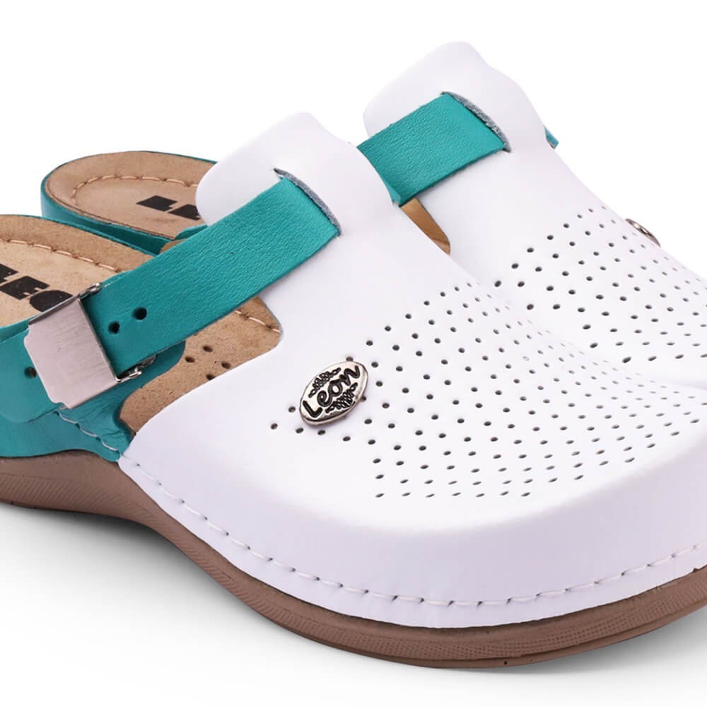 Saboti dama, din piele, Leon 901, alb/turcoaz Saboti dama, din piele, Leon 901, alb/turcoaz