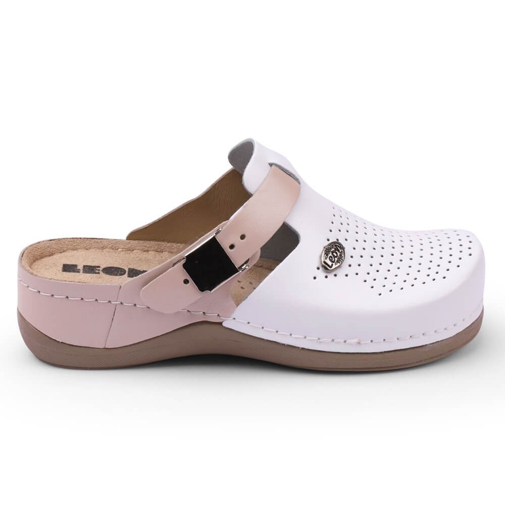 Saboti dama, din piele, Leon 901, alb/somon Saboti dama, din piele, Leon 901, alb/somon