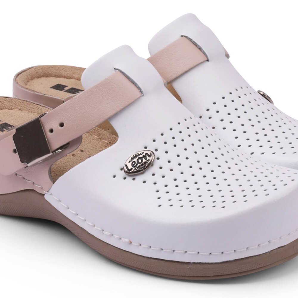 Saboti dama, din piele, Leon 901, alb/somon Saboti dama, din piele, Leon 901, alb/somon