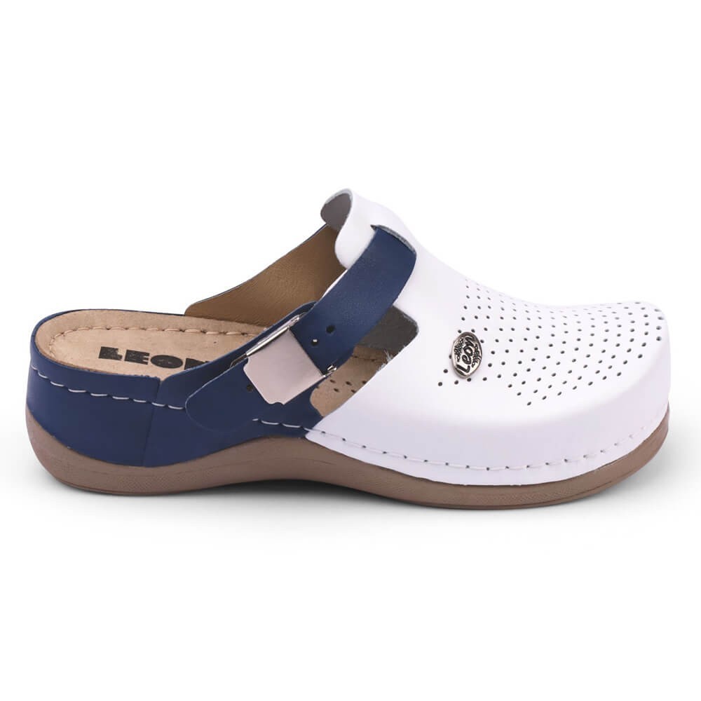 Saboti dama, din piele, Leon 901, alb/albastru Saboti dama, din piele, Leon 901, alb/albastru