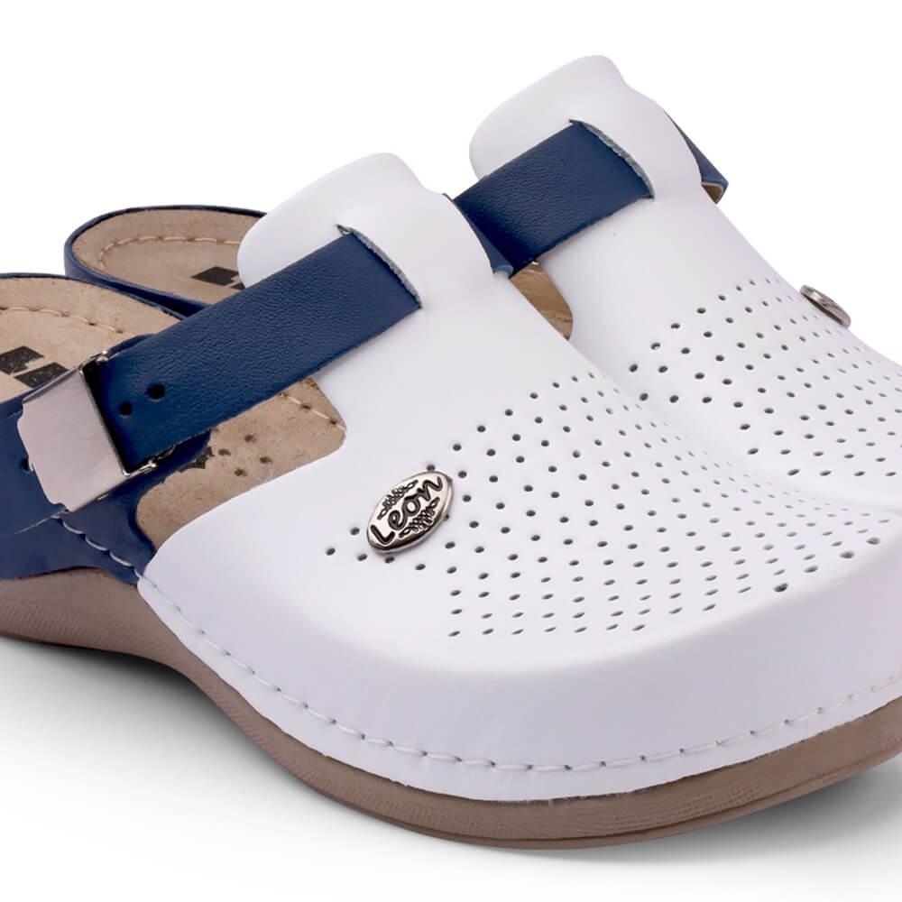 Saboti dama, din piele, Leon 901, alb/albastru Saboti dama, din piele, Leon 901, alb/albastru