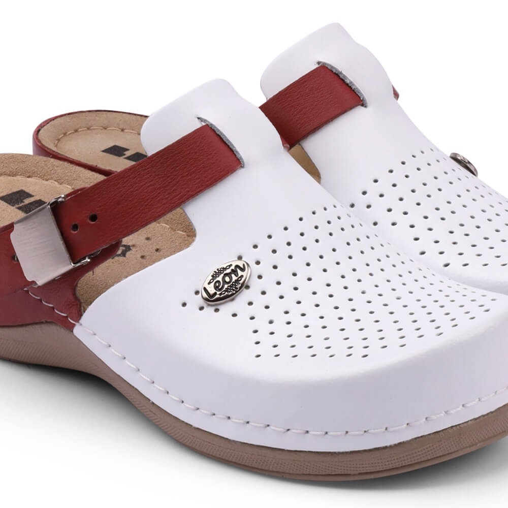 Saboti dama, din piele, Leon 901, alb/bordo Saboti dama, din piele, Leon 901, alb/bordo