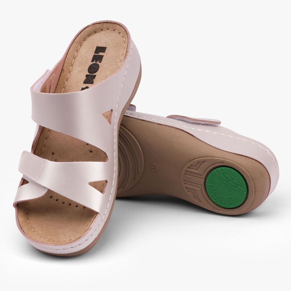 Saboti dama, de vara, din piele, Leon 906, roz perlat