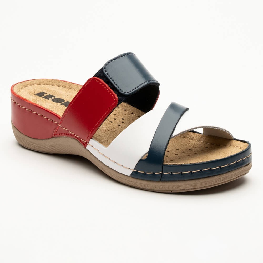 Saboti dama, de vara, din piele, Leon 909, bleumarin/alb/rosu Saboti dama, de vara, din piele, Leon 909, bleumarin/alb/rosu