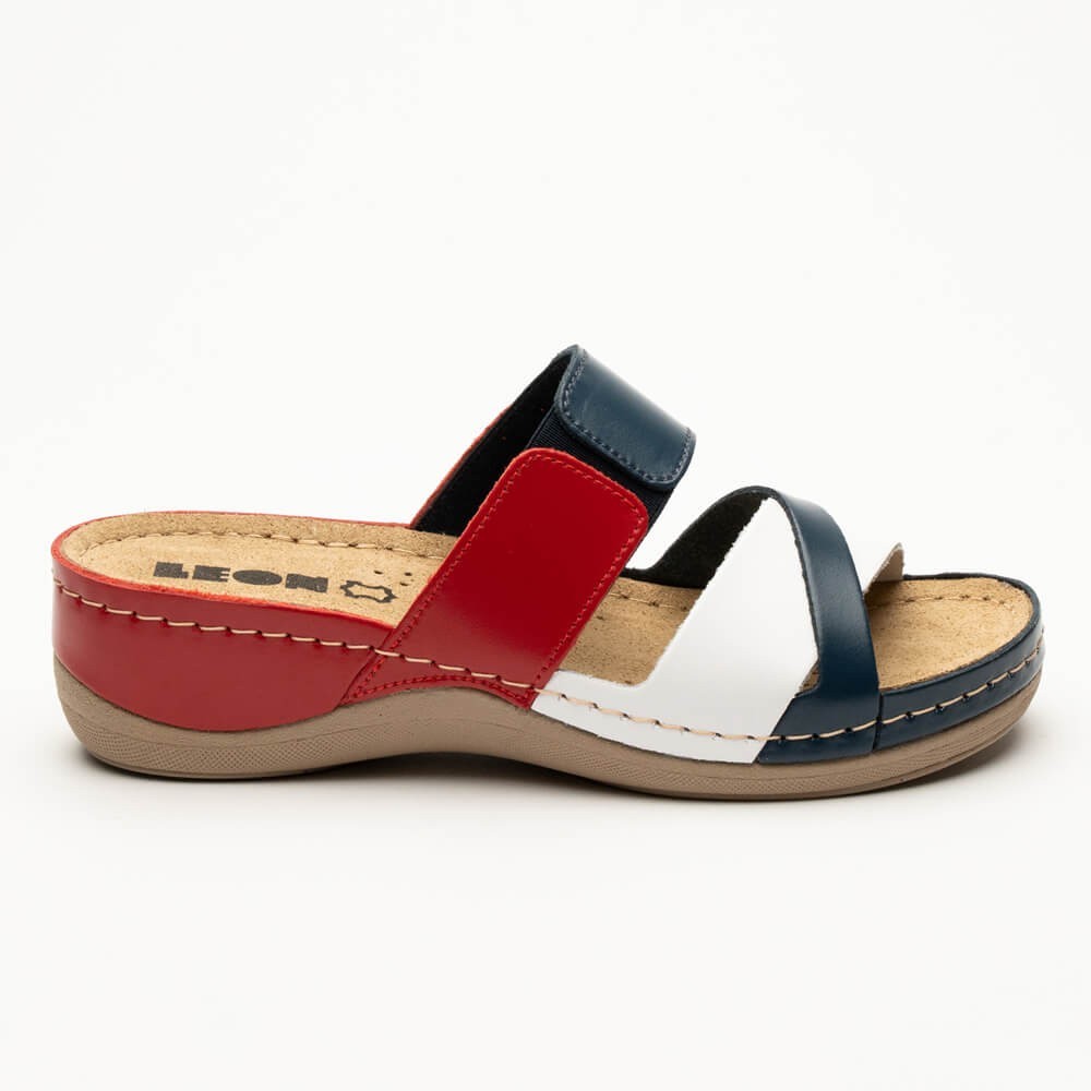 Saboti dama, de vara, din piele, Leon 909, bleumarin/alb/rosu Saboti dama, de vara, din piele, Leon 909, bleumarin/alb/rosu