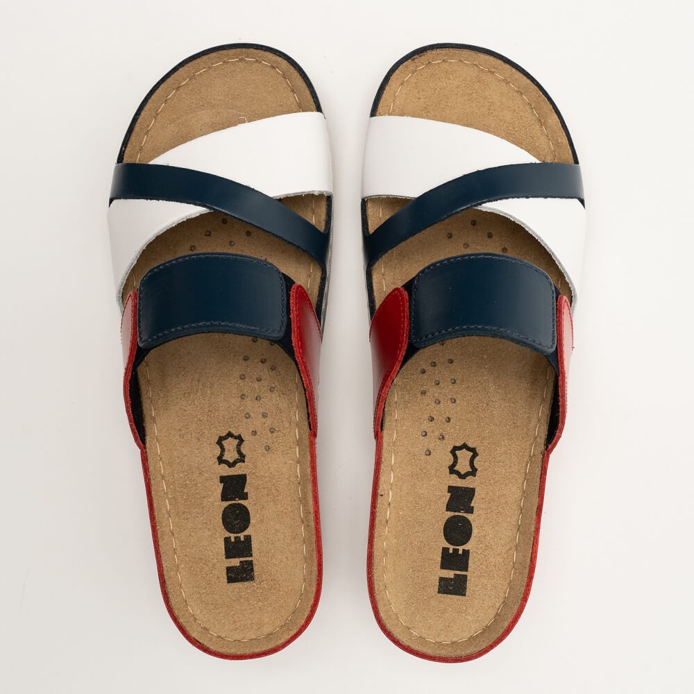 Saboti dama, de vara, din piele, Leon 909, bleumarin/alb/rosu Saboti dama, de vara, din piele, Leon 909, bleumarin/alb/rosu