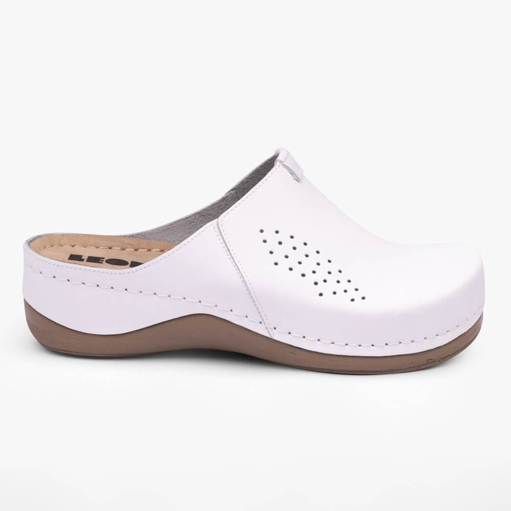 Saboti medicali, de dama, din piele, Leon 930 Bakkar, alb mat