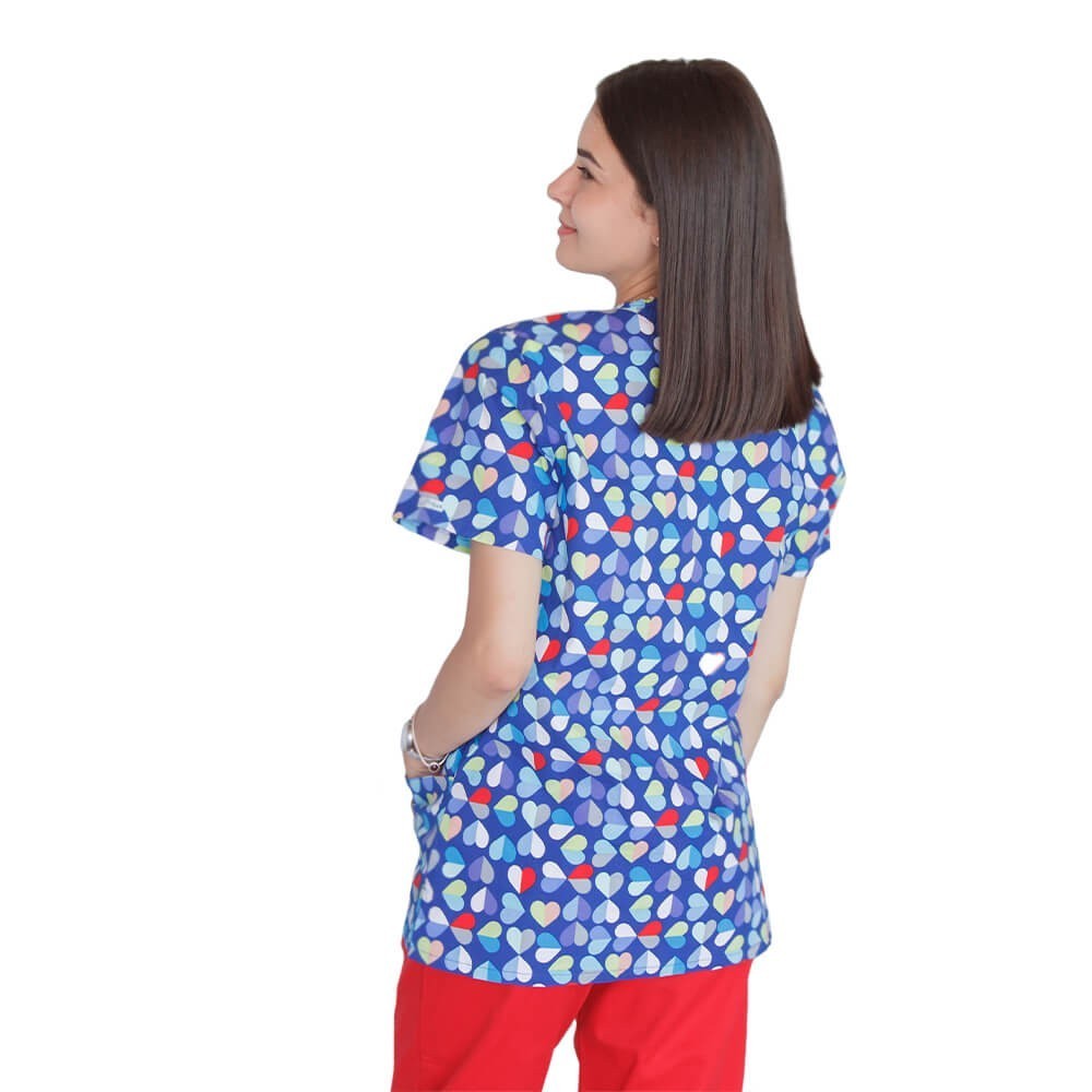 Bluza medicala imprimata, bumbac si elastan, Multi Heart